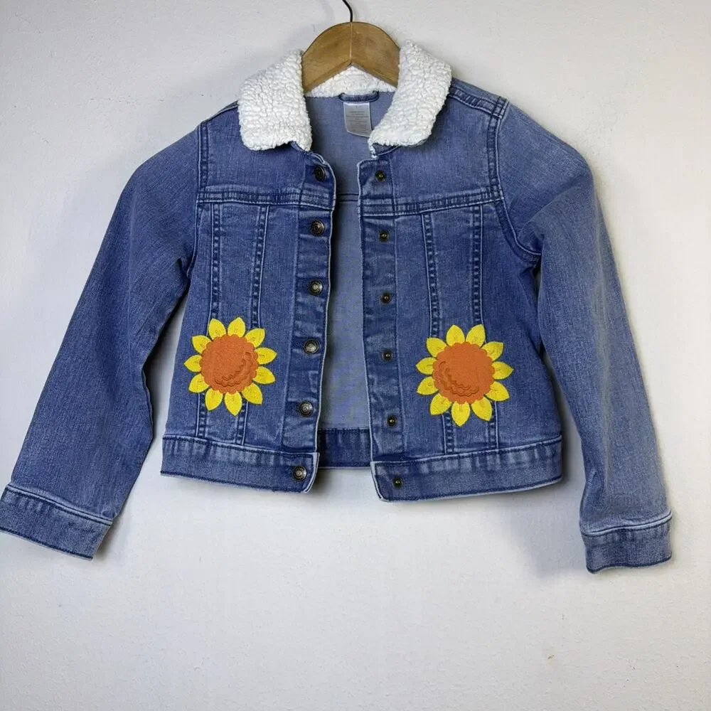 Gymboree Long Sleeve Appliqué Sunflower Girl’s Denim jean Jacket Size 7 sherpa